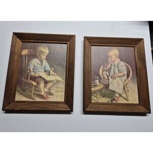 Framed James Ingwersen set prints Gary boy reading Gretchen girl eating 12"x10"